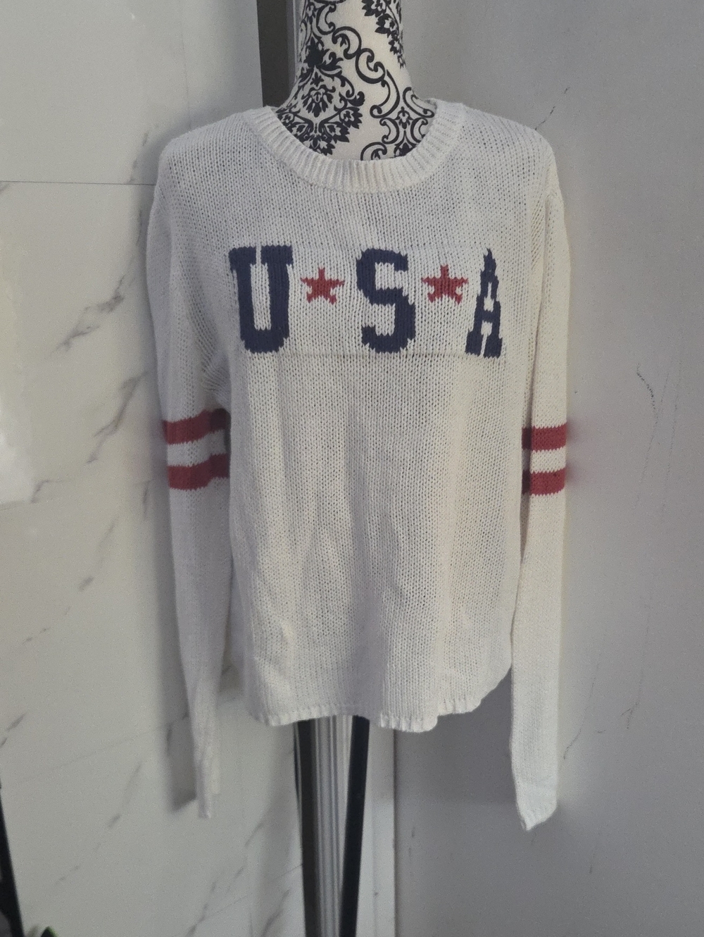 Lily Star White USA Knit Sweater with Red & Navy Accents
